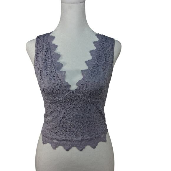 Reoria Lavender Cropped Tank Top Lace Overlay Mixed Media Size S Small V Neck - Picture 1 of 12